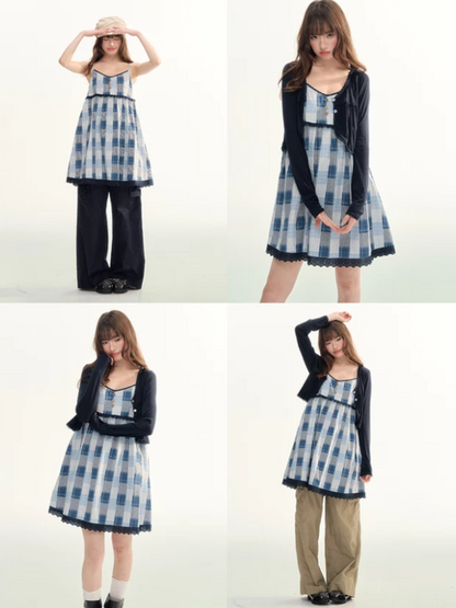 Blue Plaid Lace Trim Dress & Navy Cardigan Set  LL2026078