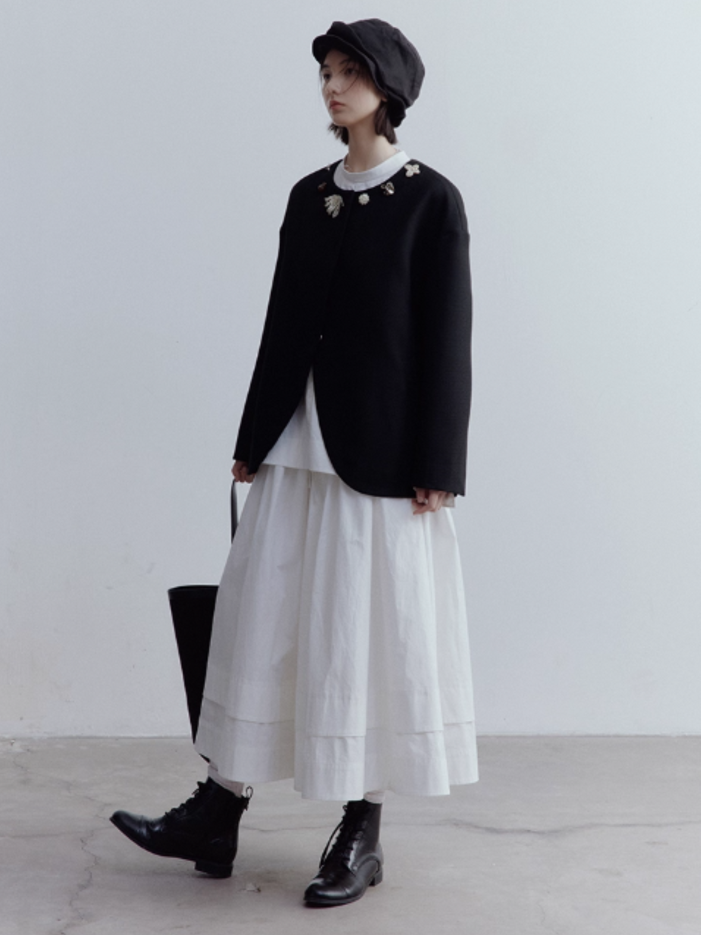 FUSSED Curious Museum Wool Tweed Jacket – Art Button Embellished in Elegant Black FOF-25SS131