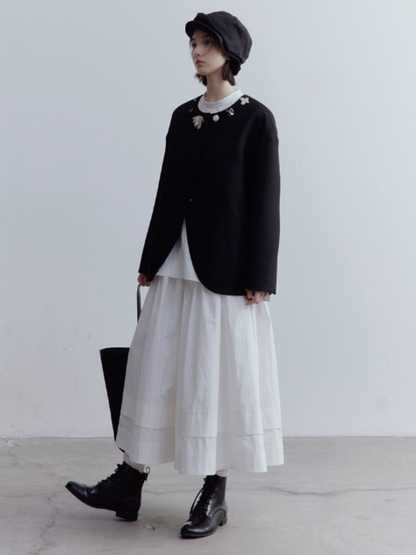 FUSSED Curious Museum Wool Tweed Jacket – Art Button Embellished in Elegant Black FOF-25SS131