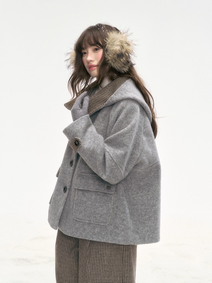 "Ash Mist Soft Wool" Two-Piece Set – Gray Coat & Plaid Shorts LL2025318