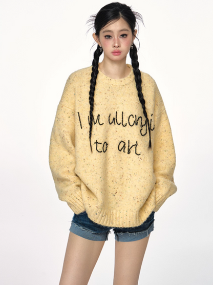 PCH - Alpaca Wool Blend Knit Pullover with Beaded Letter Embroidery