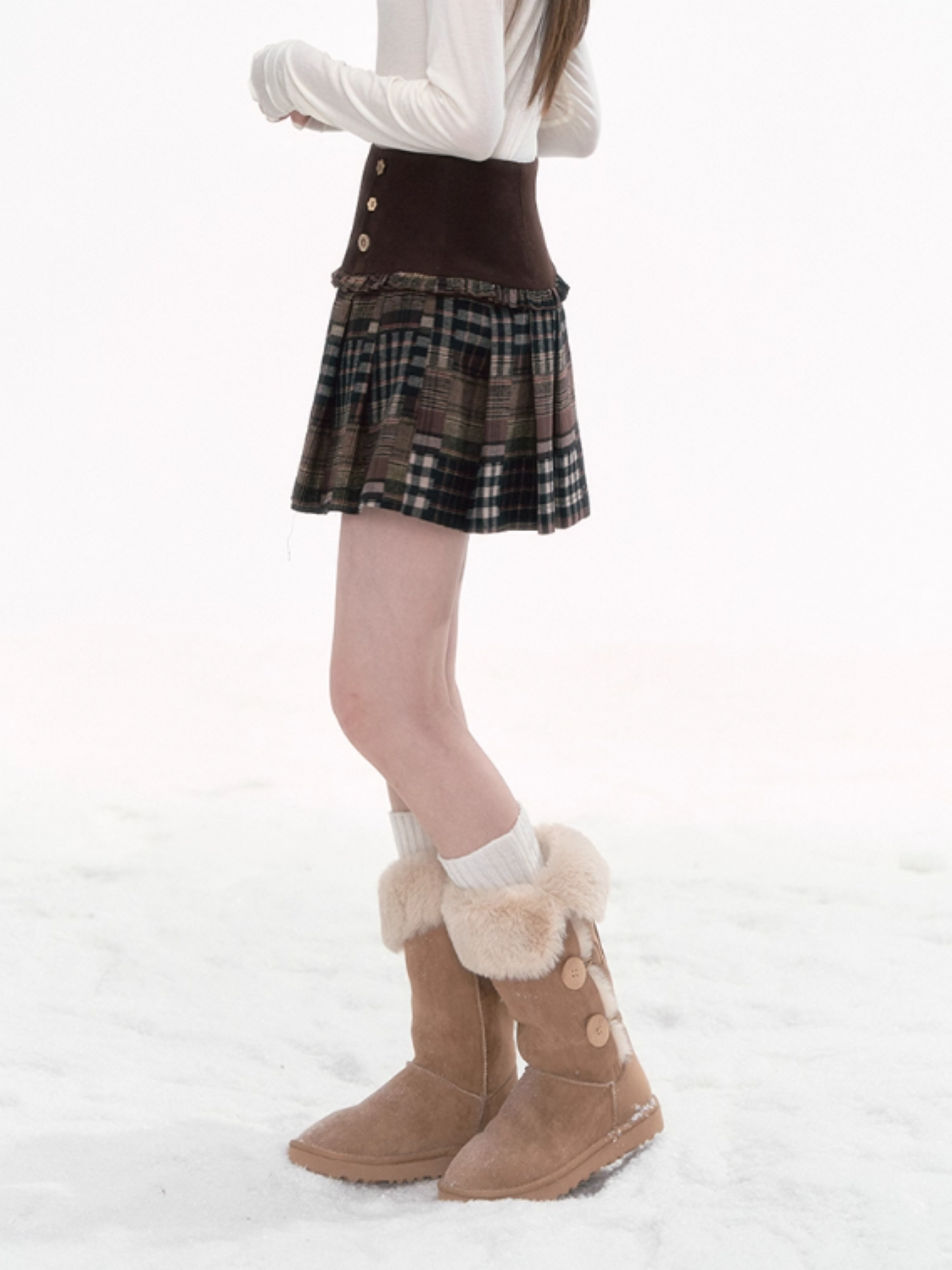 '榛果棋盘格' Brown Plaid Patchwork Skirt