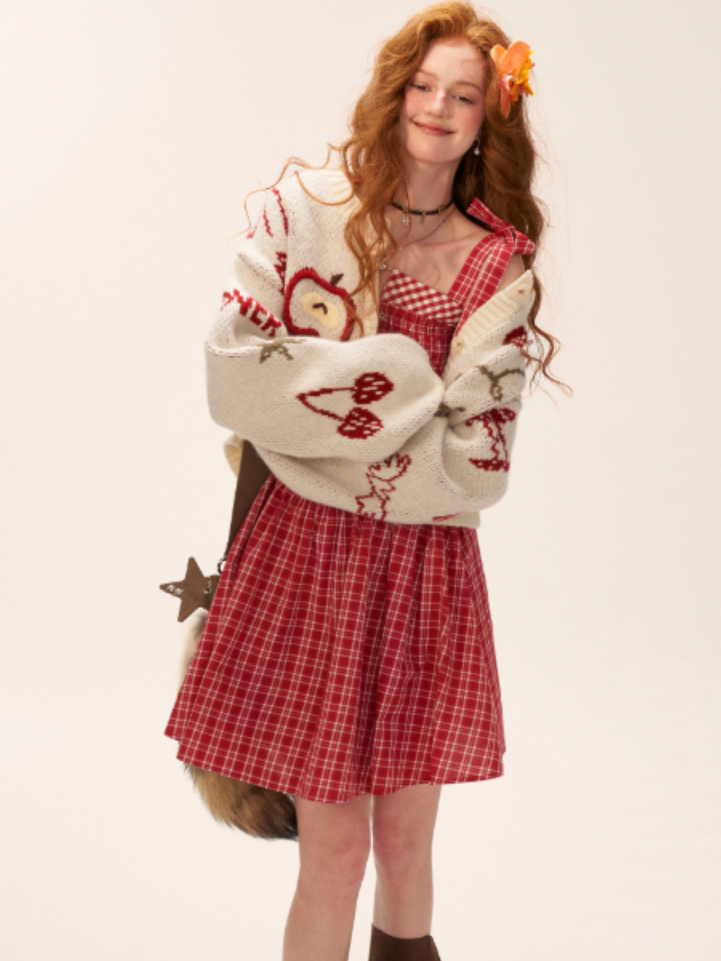 White Knit Cardigan with Apple & Cherry Embroidery WE751