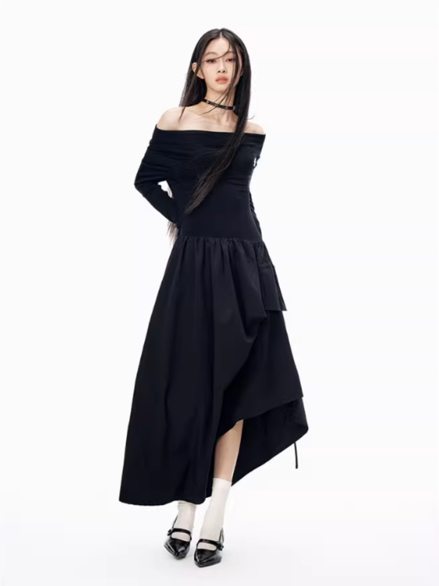 PCH - Hepburn Style Off-Shoulder Long Dress (Black)