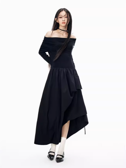 PCH - Hepburn Style Off-Shoulder Long Dress (Black)