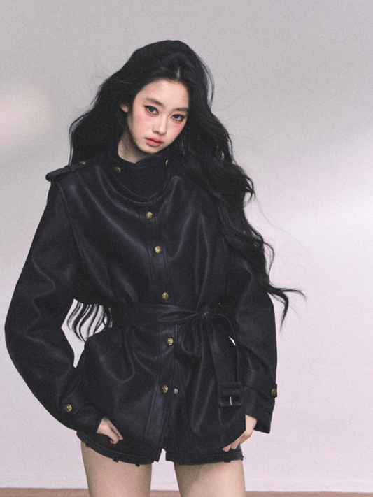 "英区时差" American Cool Girl PU Leather Jacket – Black/ Coffee
