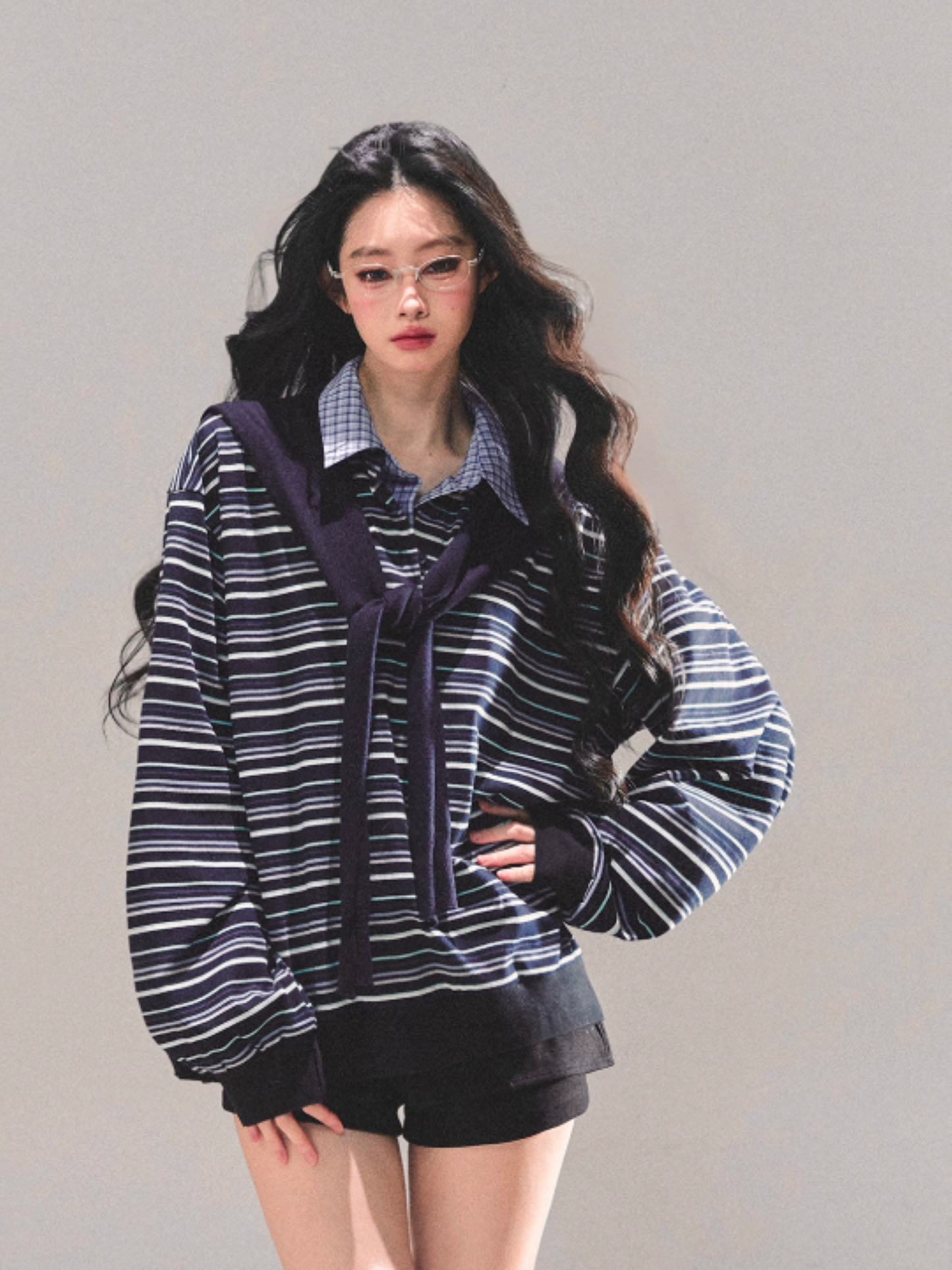 少也眼 "Unfinished Poem" Striped Polo Long Sleeve - Navy Striped