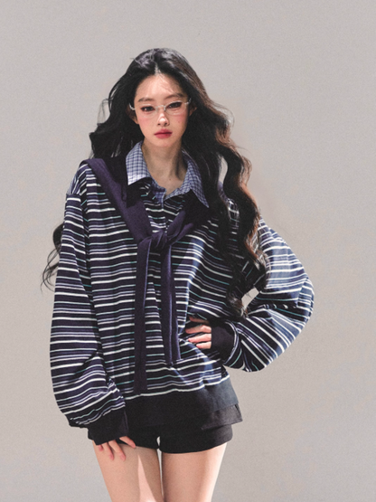 少也眼 "Unfinished Poem" Striped Polo Long Sleeve - Navy Striped