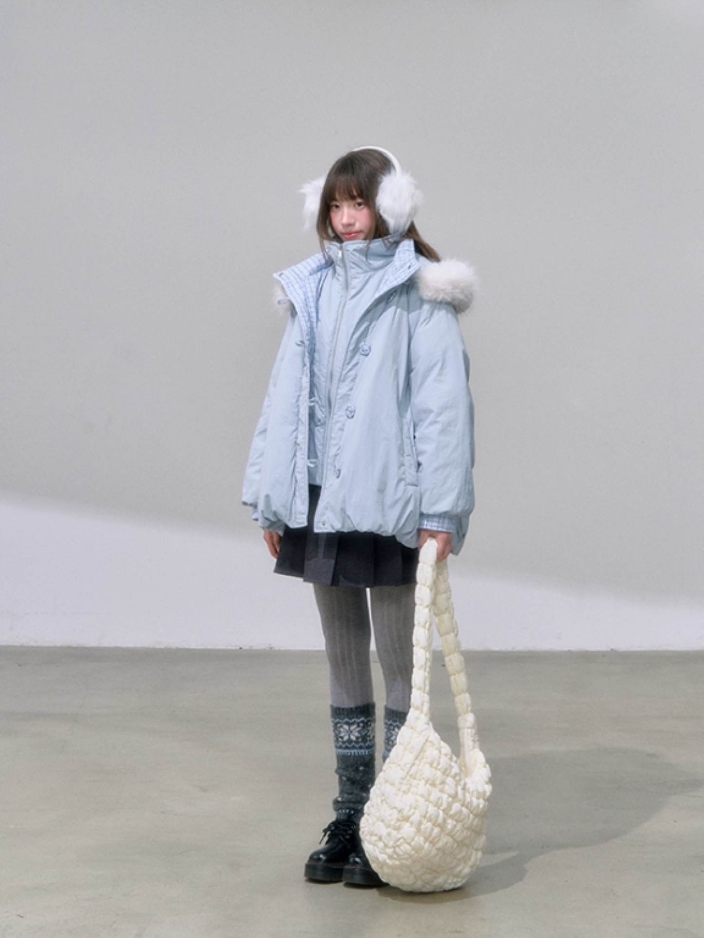 "雪境叠影" Faux Two-Piece Blue Down Jacket with 90% Duck Down & Fur Hood