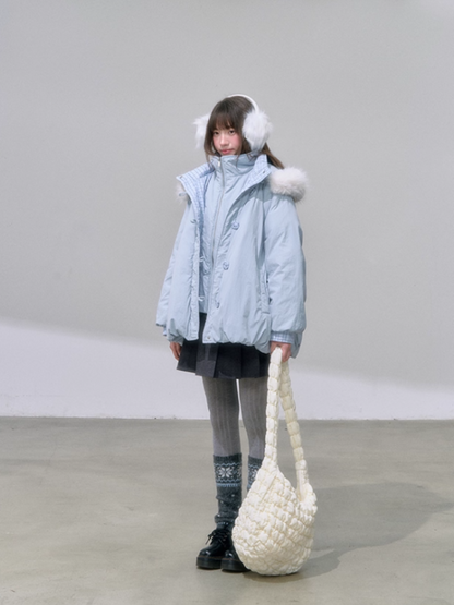 "雪境叠影" Faux Two-Piece Blue Down Jacket with 90% Duck Down & Fur Hood