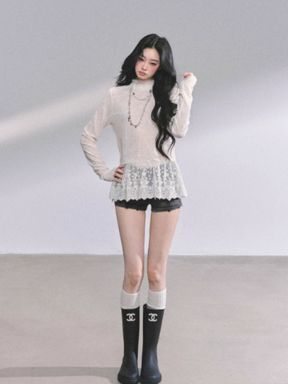 "日暮巴塞尔" Lace Hollow Semi-Turtleneck Slim Fit Long Sleeve Top