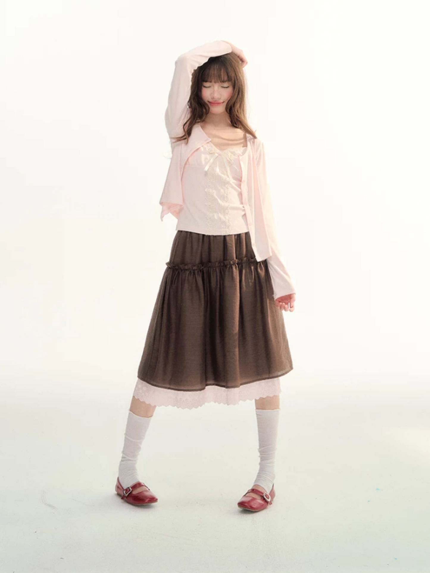 Lace Trim A-Line Elastic Waist Midi Skirt WW2026098