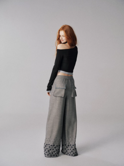 "秋日心事" Paisley Embroidered Drawstring Straight Pants (Grey)