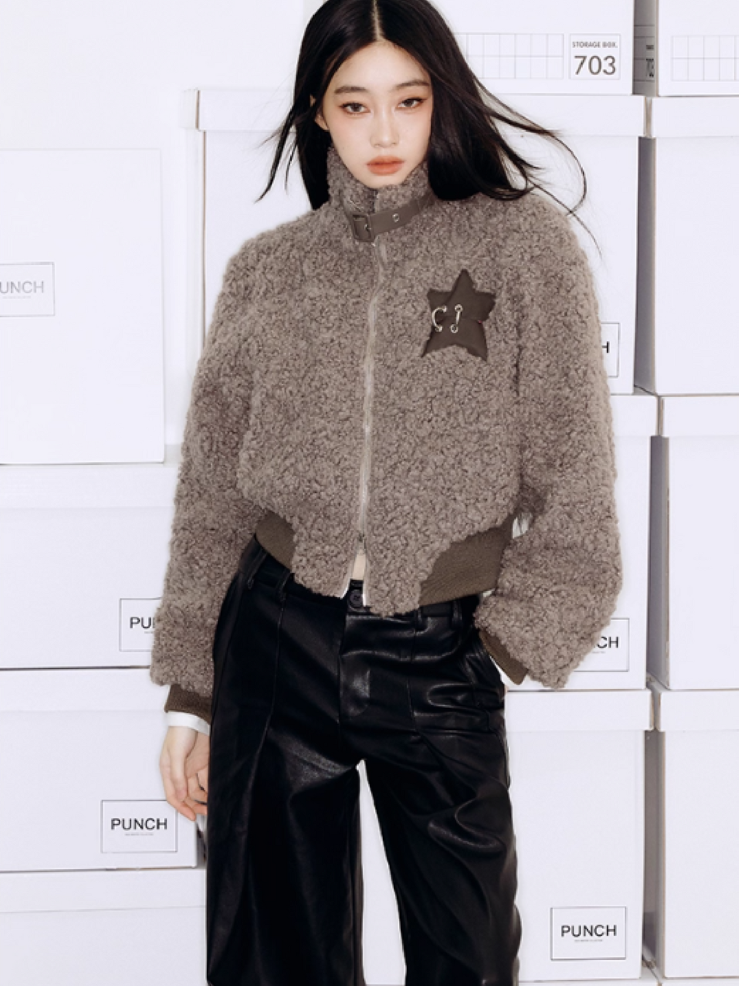 PCH - Brown Fleece Stand Collar Short Jacket