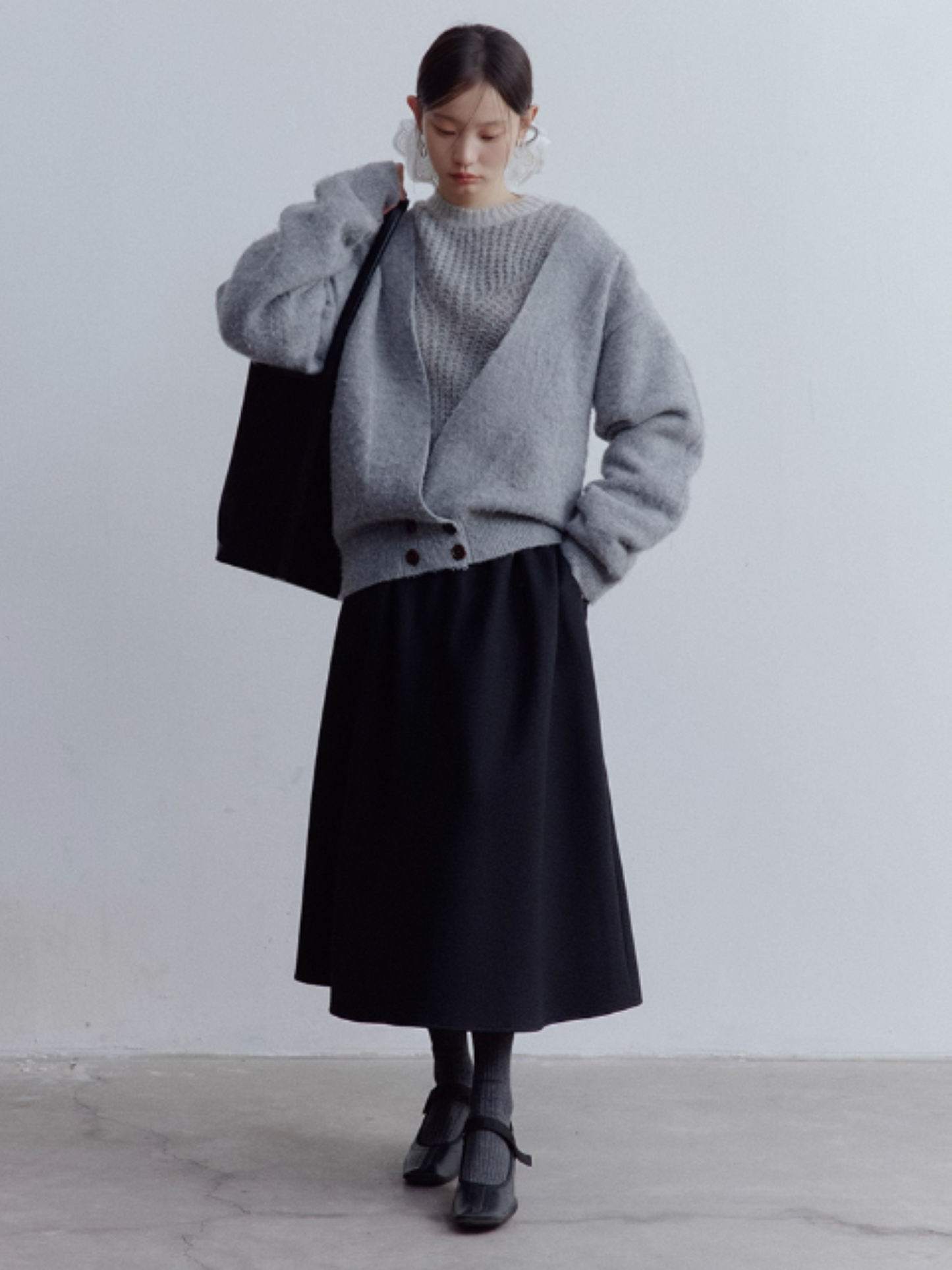 FUSSED Lazy Furry Mist Gray Wool & Mohair V-Neck Cardigan FOF-25SS177