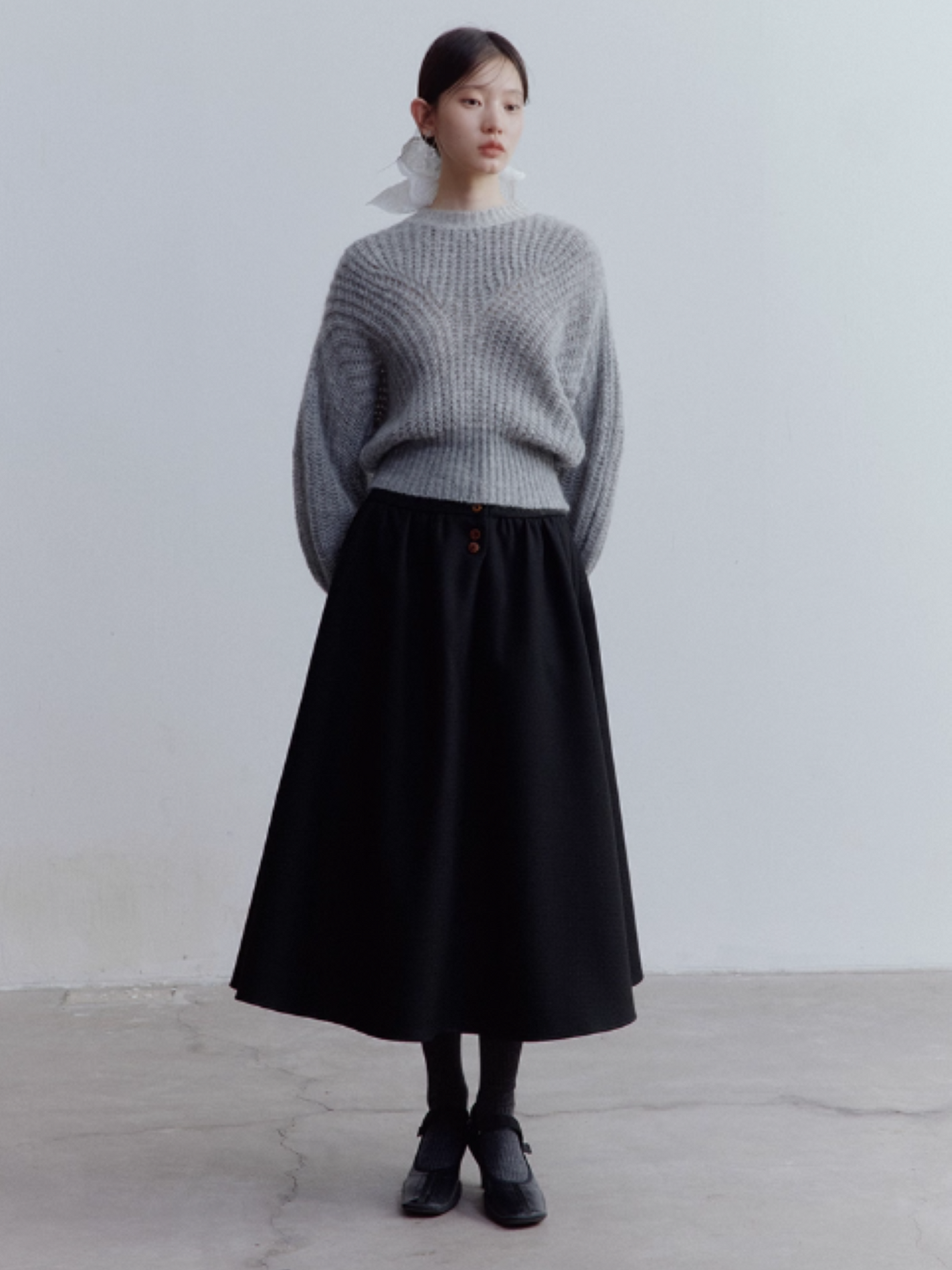 FUSSED Strange Museum Wool Tweed High-Waist A-Line Skirt – Elegant Black FOF-25SS152