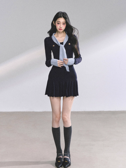 少也眼 Navy Striped Preppy Long Sleeve Bodycon Mini Dress with Tie
