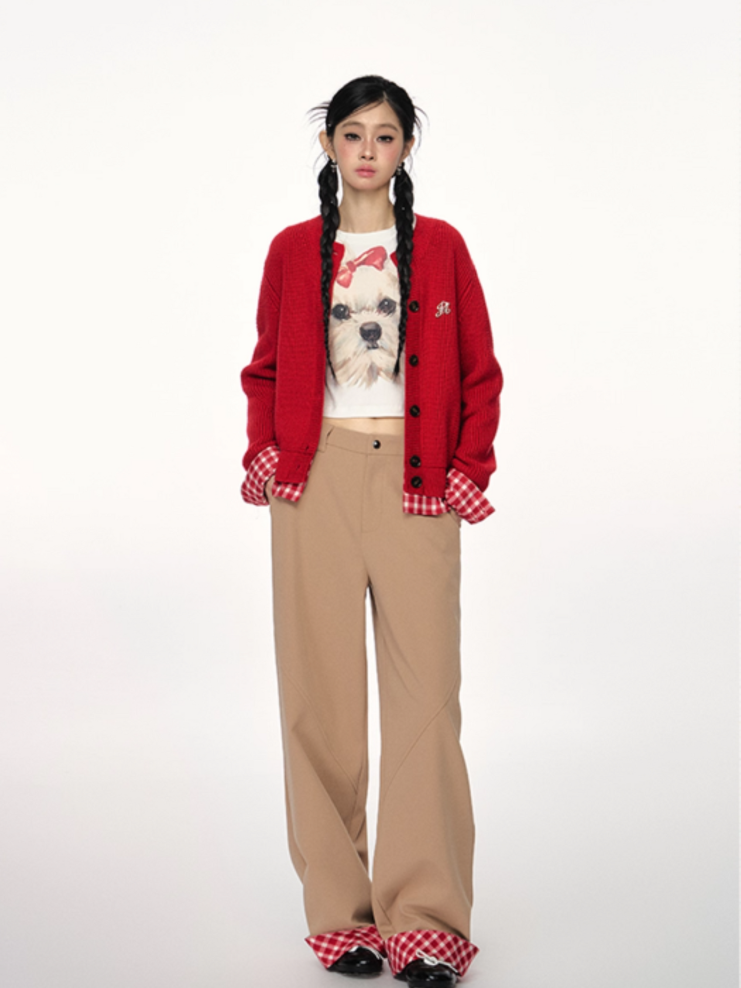 PCH - Tri-Color Layered Knit Cardigan with Contrast Panels (Red)