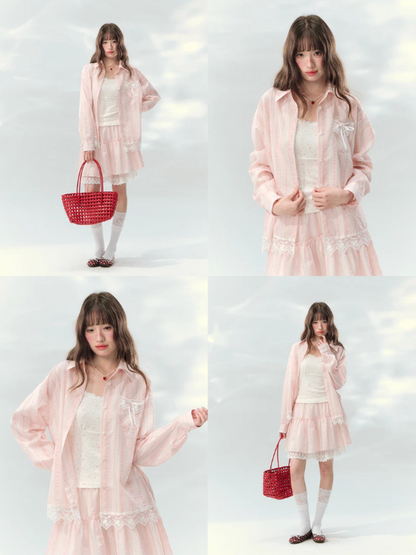 “Pink Mist Love Letter” Pink Stripe Lace Skirt Set LL2026161