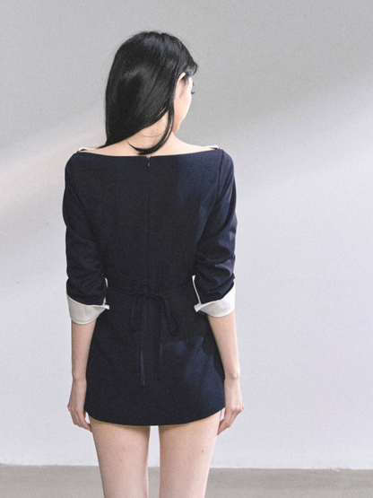 少也眼 Navy Blue High-End Hepburn Style Sexy Bodycon Mini Dress
