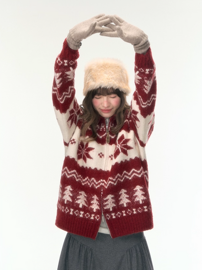 "Fluffy Snowtone" Vintage Red Holiday Knit Cardigan LL2025305