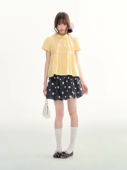 Butter Yellow Pleated Puff Sleeve Blouse WW2026069