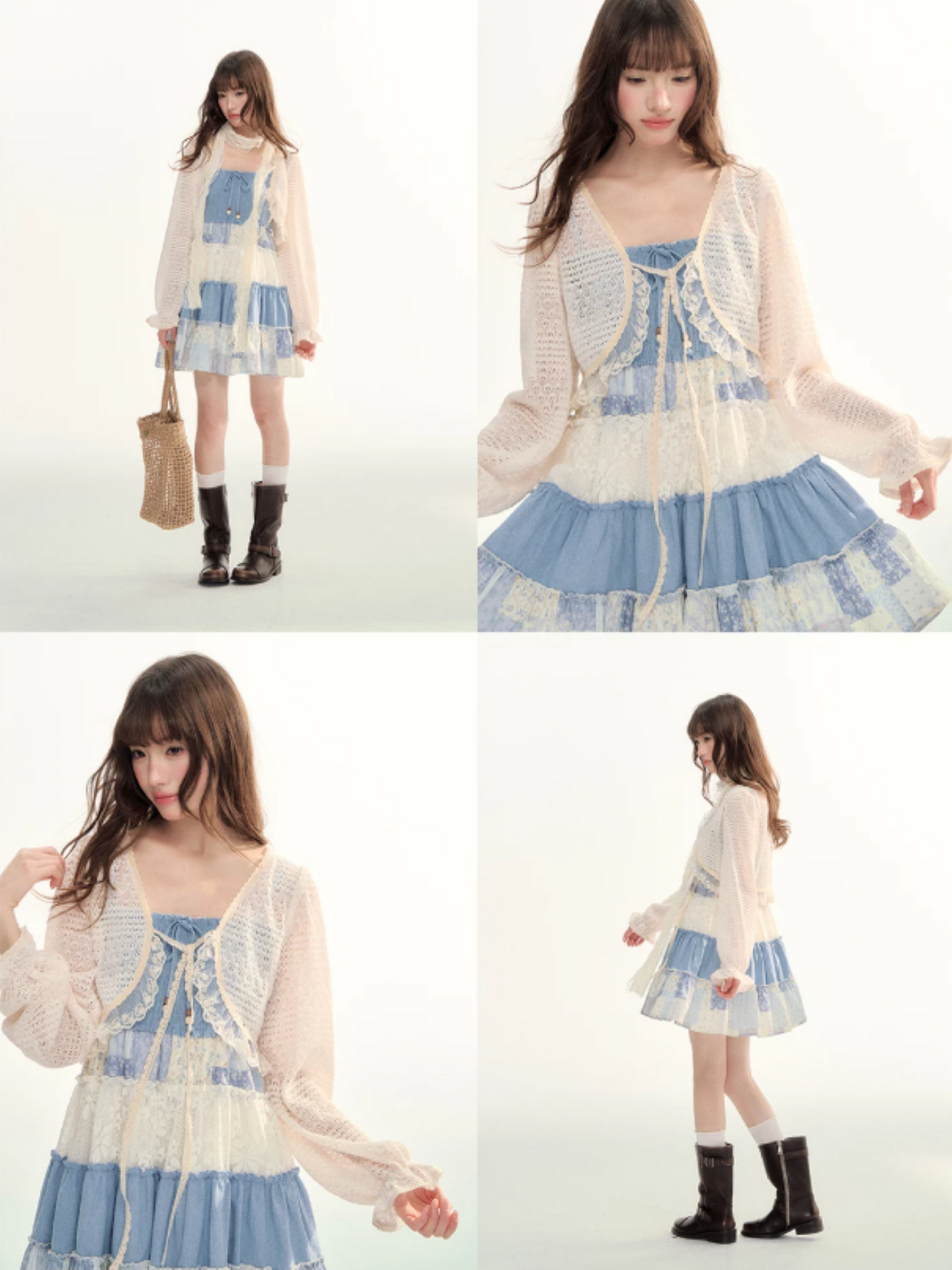 Blue Patchwork Tiered Smocked Dress LL2026106