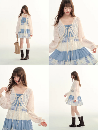Blue Patchwork Tiered Smocked Dress LL2026106