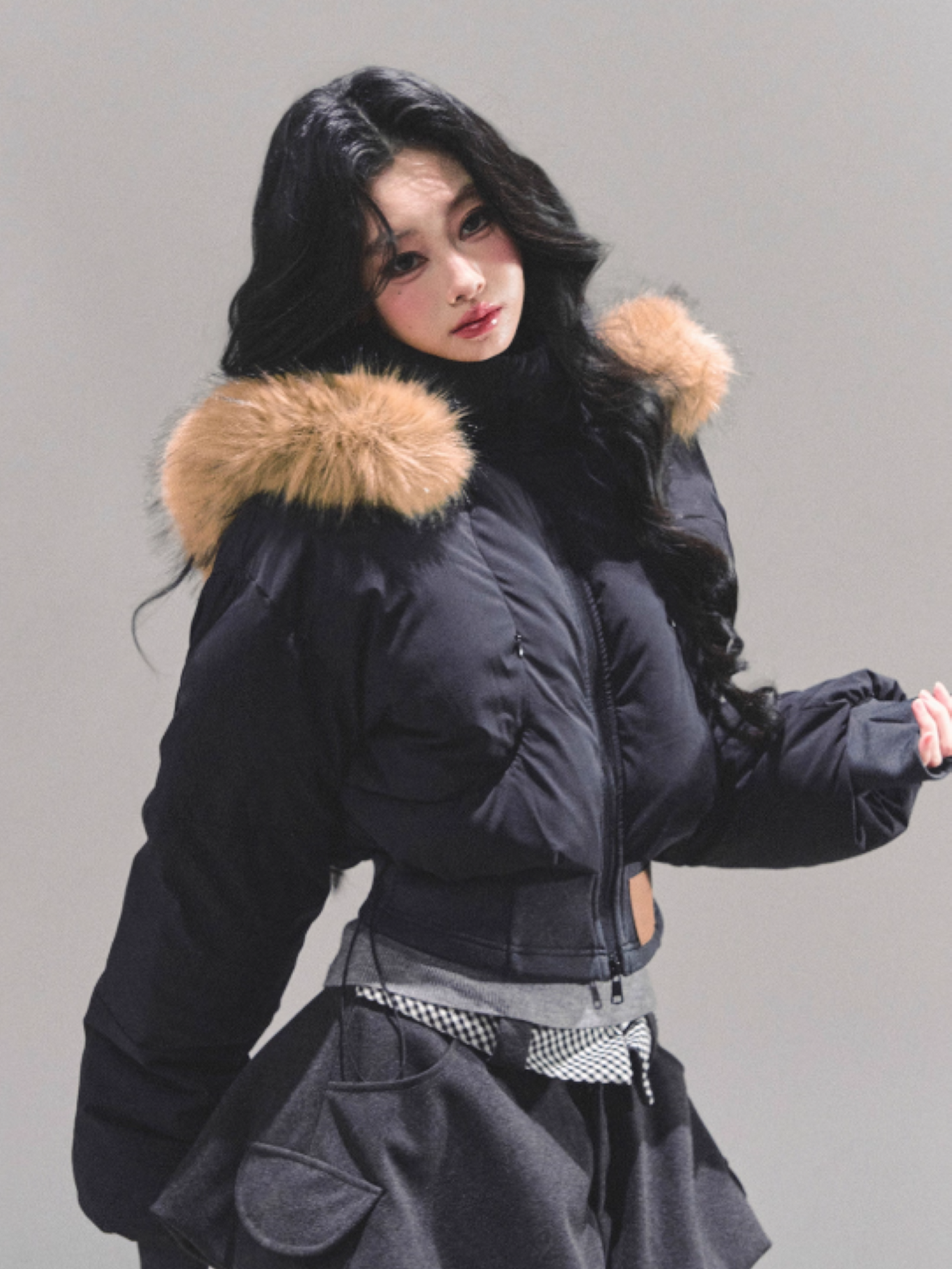 少也眼 Korean Preppy Short Puffer Jacket - Navy Blue