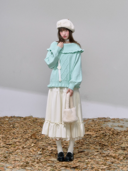 "软绒蓓蕾" Ivory Ruffle Midi Skirt