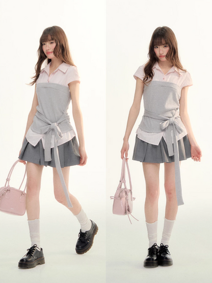 Pastel Plaid Knit Shirt & A-Line Puffy Skirt Set LL2026112