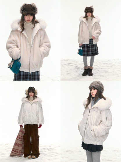 "Dreamscape" White Reversible Faux-Fur Aviator Jacket LL2025474