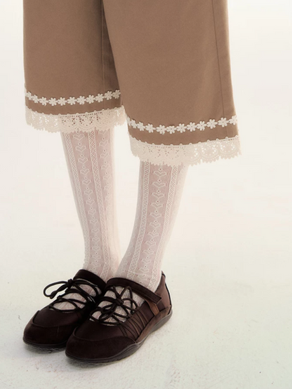 Caramel Lace Trim Cropped Straight-Leg Pants WW2026085