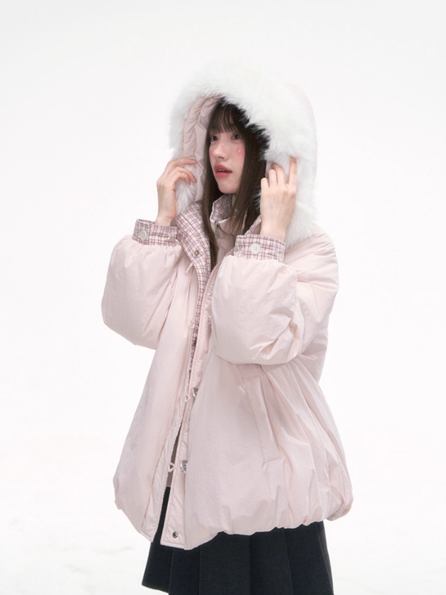 "Snow Mirage" Layered Bloom Down Parka – Pink Faux Two-Piece Hooded Coat with Fur Trim