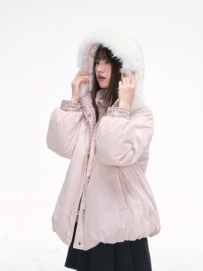 "Snow Mirage" Layered Bloom Down Parka – Pink Faux Two-Piece Hooded Coat with Fur Trim