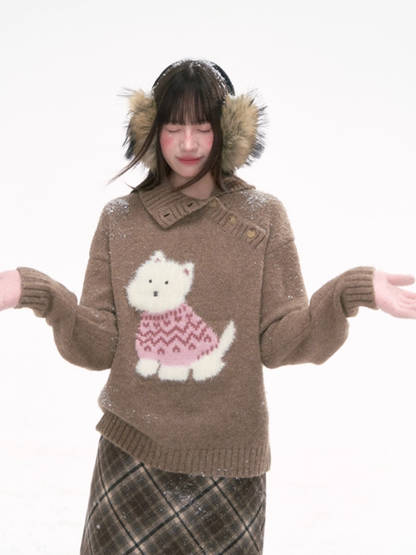 '可可慕斯' Brown Knit Sweater with Westie Dog Embroidery