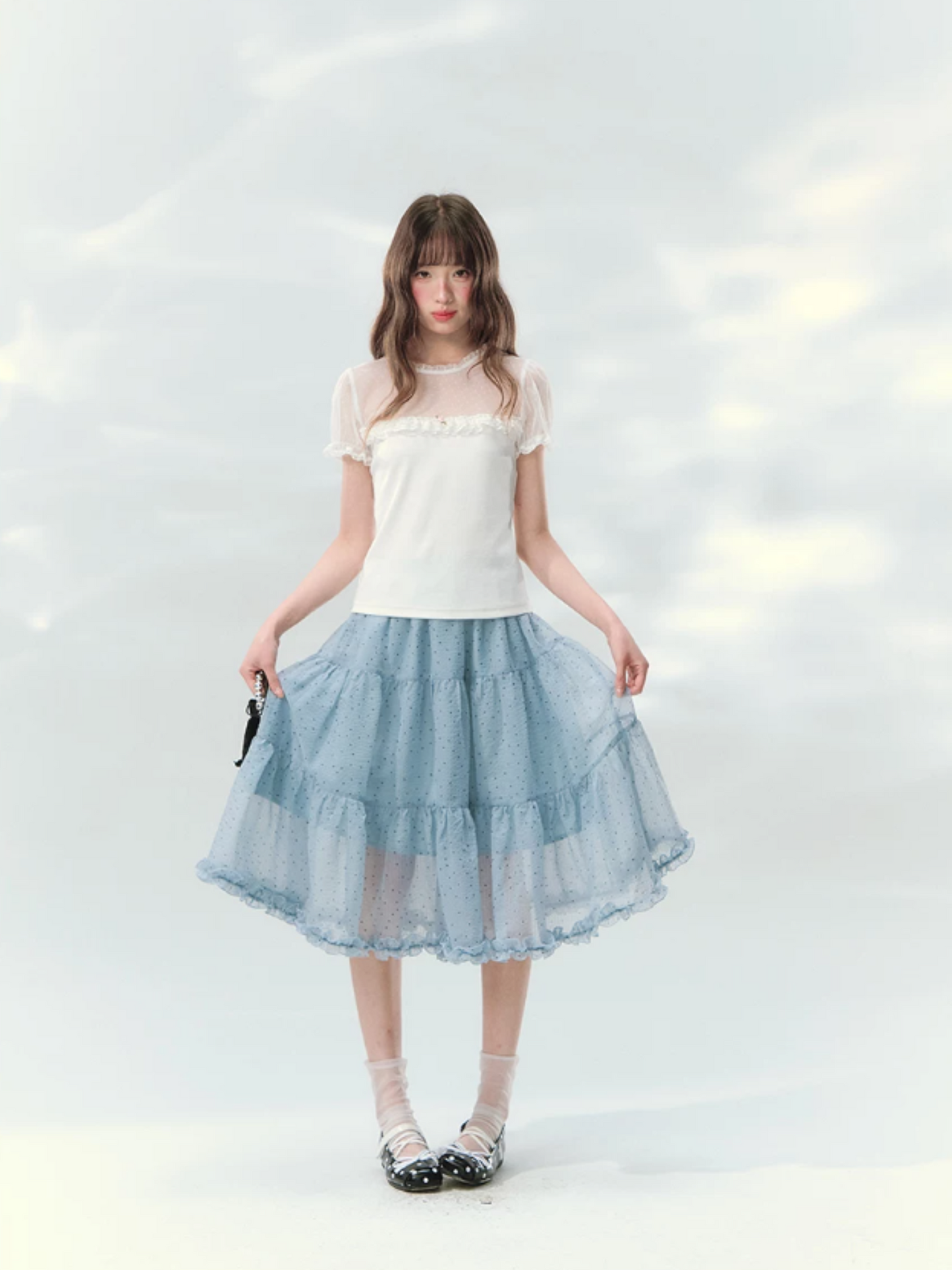 “Soft Candy Stardust” Lace Mesh Puff Sleeve Tee  LL2026149