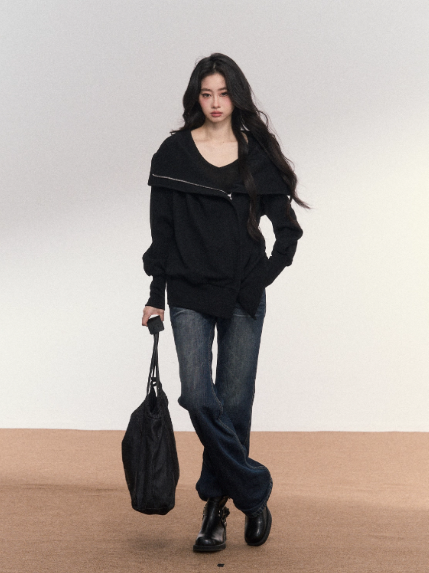 PCH - Cotton Zip-Up Hoodie with Detachable Collar (Black)