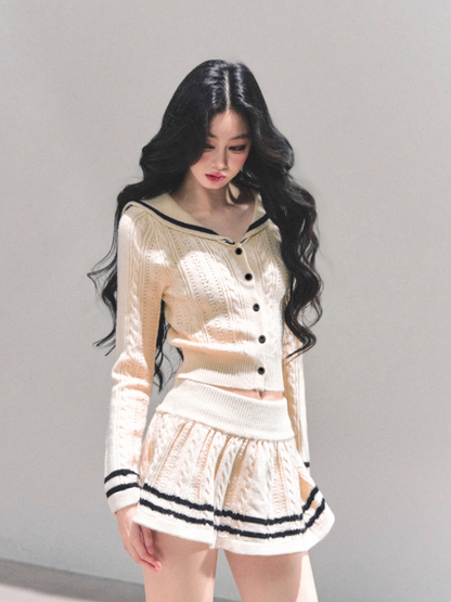 "晚风的低语" French Knit Co-ord Set – Beige Top & Mini Skirt