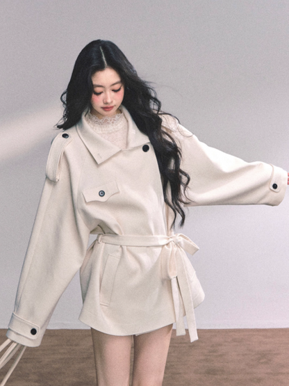 少也眼 British-Inspired Loose Wool-Blend Trench Coat