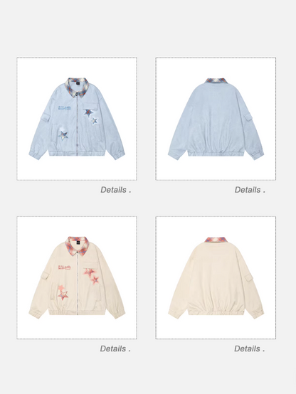 EZEK - Retro Star Embroidery Suede Zip-Up Jacket