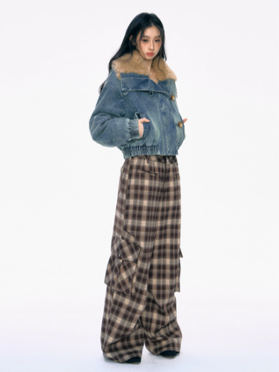 PCH - Cropped Denim Jacket with Faux Shearling Collar