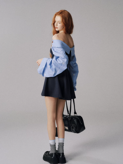 Off-Shoulder Knit Dress with Lantern Sleeves (Navy Blue)