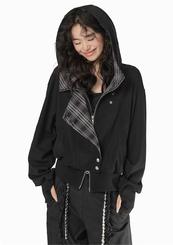EPTISON - Y2K Plaid Patchwork Hooded Jacket