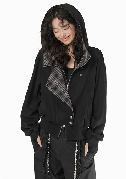 EPTISON - Y2K Plaid Patchwork Hooded Jacket