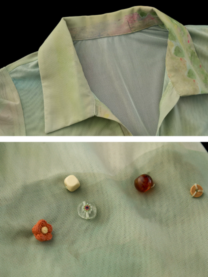 "Vintage Oil Bloom" Beaded Flutter Sleeve Polo Top WE958
