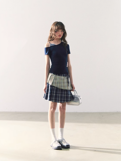 罐头粪便 - Preppy Gingham Patchwork One-Shoulder Tee – Slim Fit Summer Style