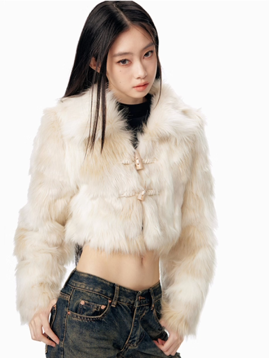 PCH - Cream White Faux Fur Coat with Toggle Buttons