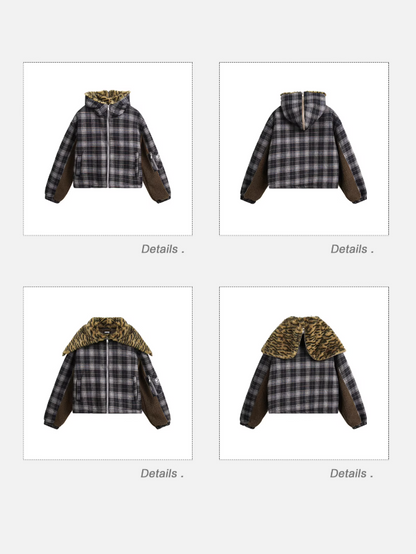 EZEK - Plaid Puffer Jacket with Detachable Leopard Hood