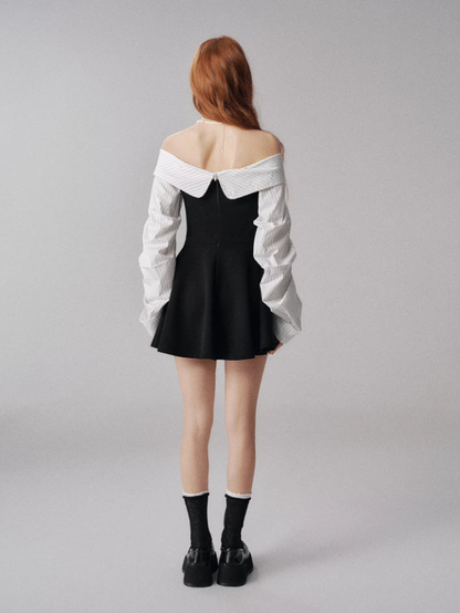 Off-Shoulder Knit Dress with Lantern Sleeves (Black & White)